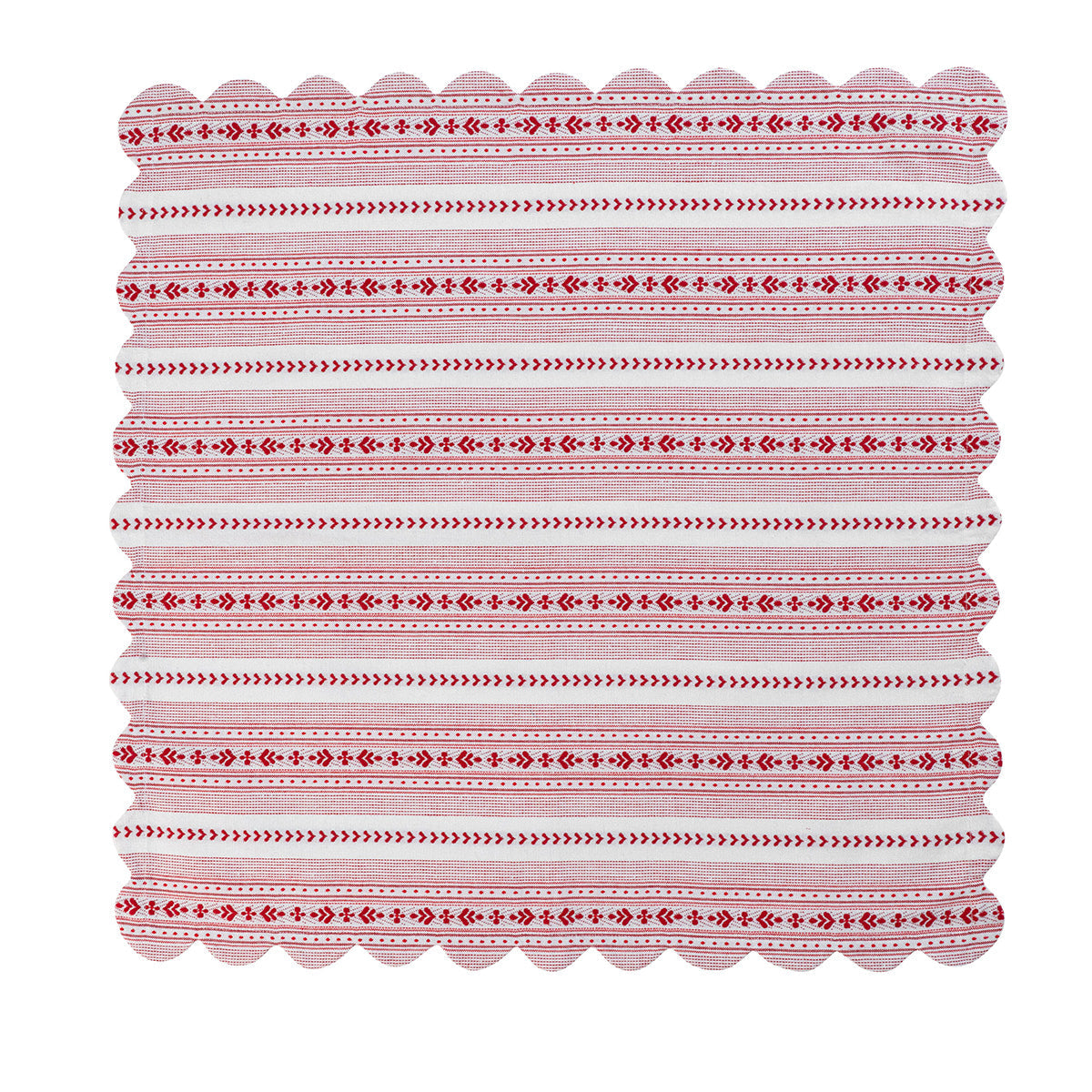 Red Villa Stripe Napkin, a square cotton napkin with a scalloped edge featuring red jacquard stripes and geometric patterns on a white background.