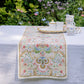 A white table is adorned with the Juliska Sofia Table Runner and an ornate tea set, while green foliage and blooming flowers in the background create a charming spring table decor.