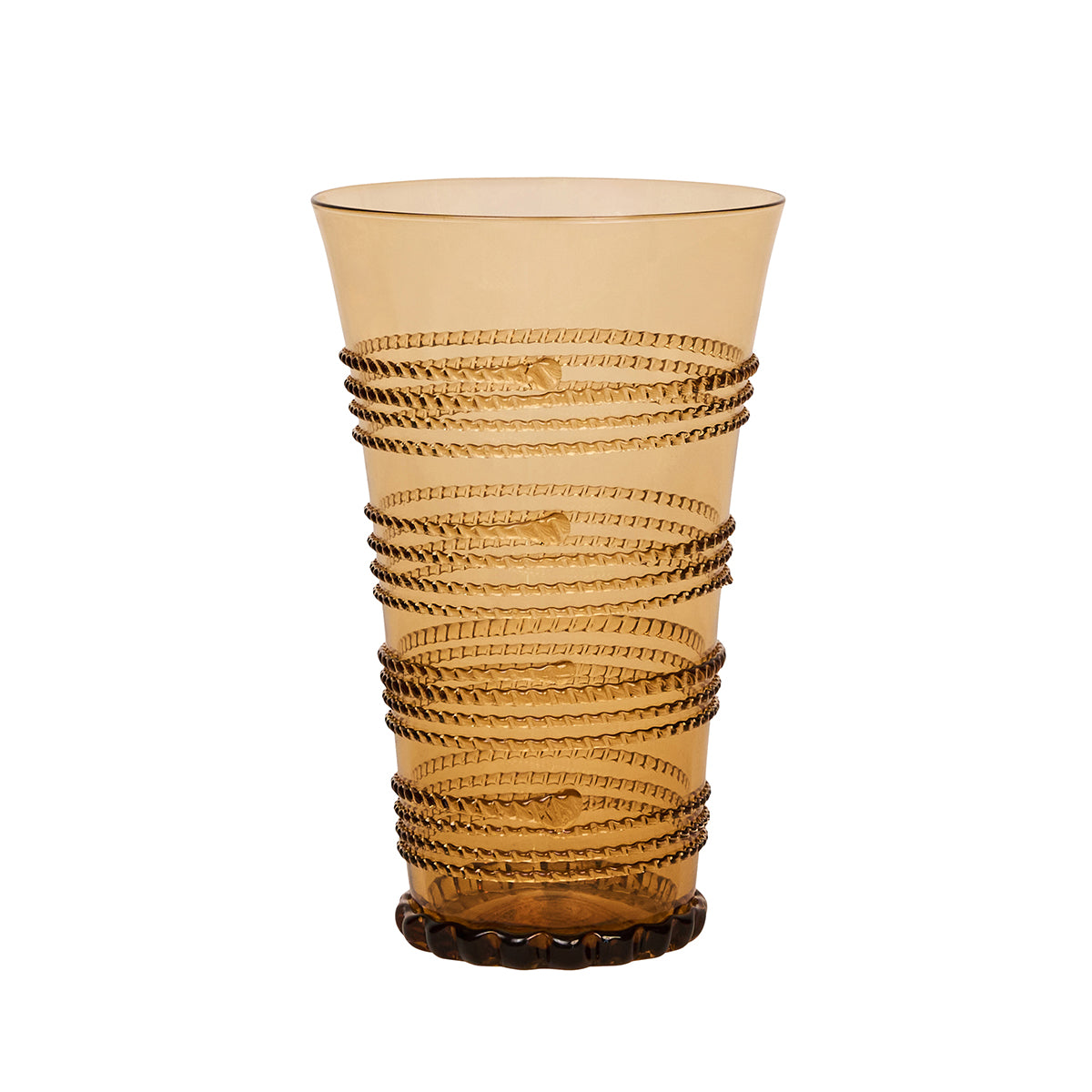 Discover the Ella Drinkware Collection from Juliska: a tall, amber-colored glass tumbler featuring raised spiral and horizontal band patterns encircling its exterior. Expertly mouth-blown in Juliska’s signature style, this artisan piece merges elegant design with timeless craftsmanship.