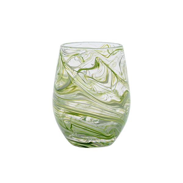 The Juliska Puro Marbled Drinkware Collection features clear glass tumblers with green and white swirls, evoking marbled goblets and seaglass hues, shown against a plain white background.