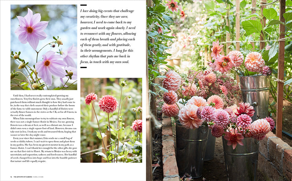 A page spread from The Artistry of Flowers by Rizzoli features a close-up of pink blossoms on the left and several metal buckets brimming with pink dahlias, artfully arranged along a brick path on the right—highlighting the exquisite touch of a skilled floral designer.