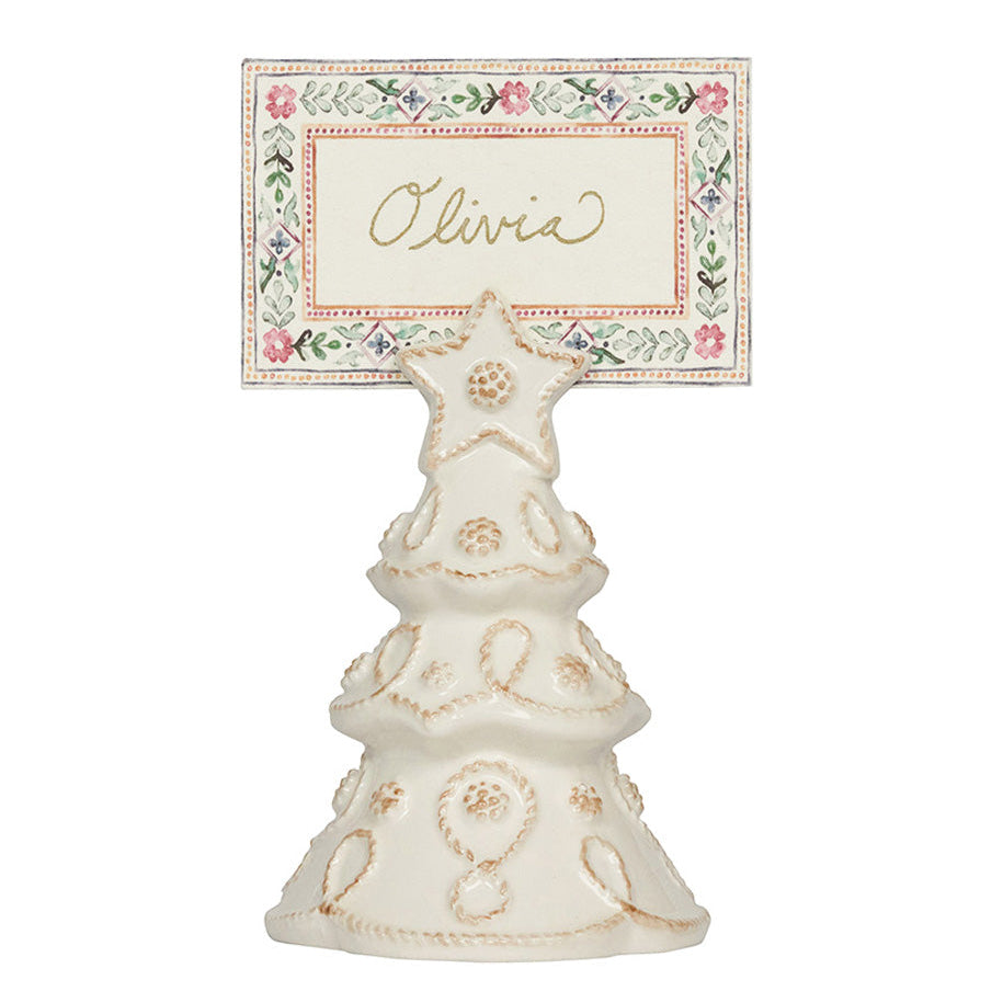The Juliska Berry & Thread White Tree Place Card Holder Set holds a name card labeled "Olivia" with a floral border.