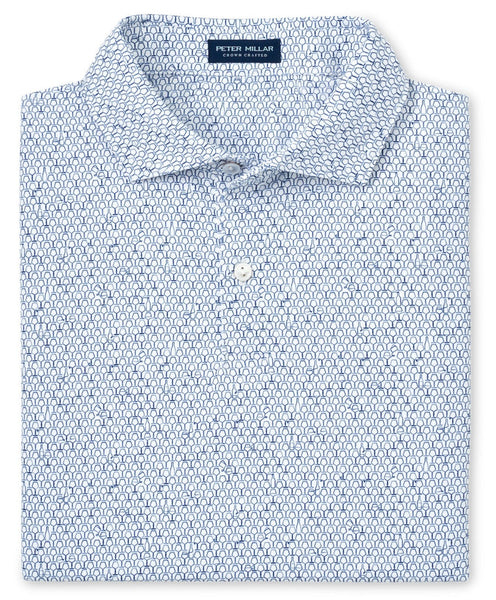 Peter Millar Staccato Performance Jersey Polo shirt displayed flat, featuring UPF 50+ sun protection.