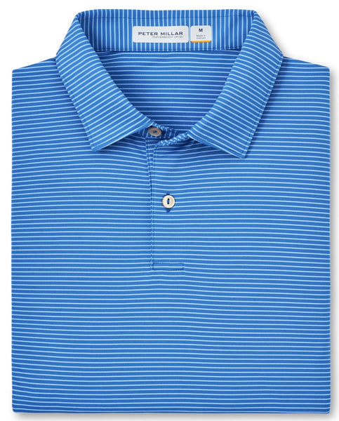 Replace the product in the sentence above with the given product name and brand name. 

Revised Sentence: Folded Peter Millar Featherweight Stripe Polo men's dress shirt.
