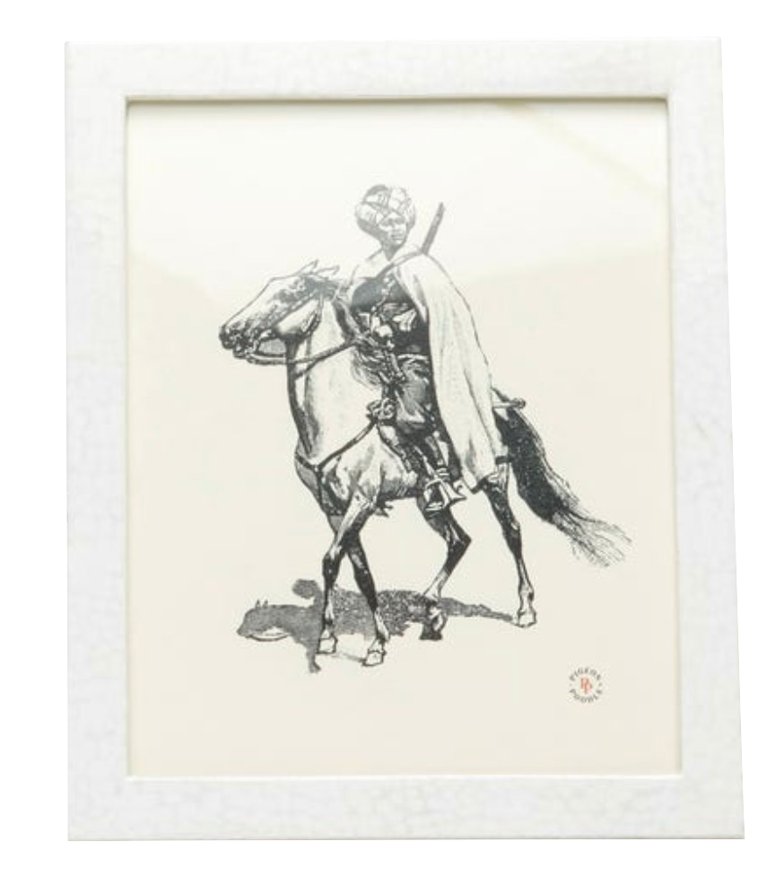 Black and white framed illustration of a figure in armor riding a horse, with a sword on their back and cloak flying, from the distinguished Pigeon & Poodle Westport Frame Collection.