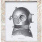 Black and white vintage diving helmet illustration centered on a white background, accented by the Aurora Frame Collection’s iridescent shell frame and textured pearlescent border from Pigeon & Poodle.