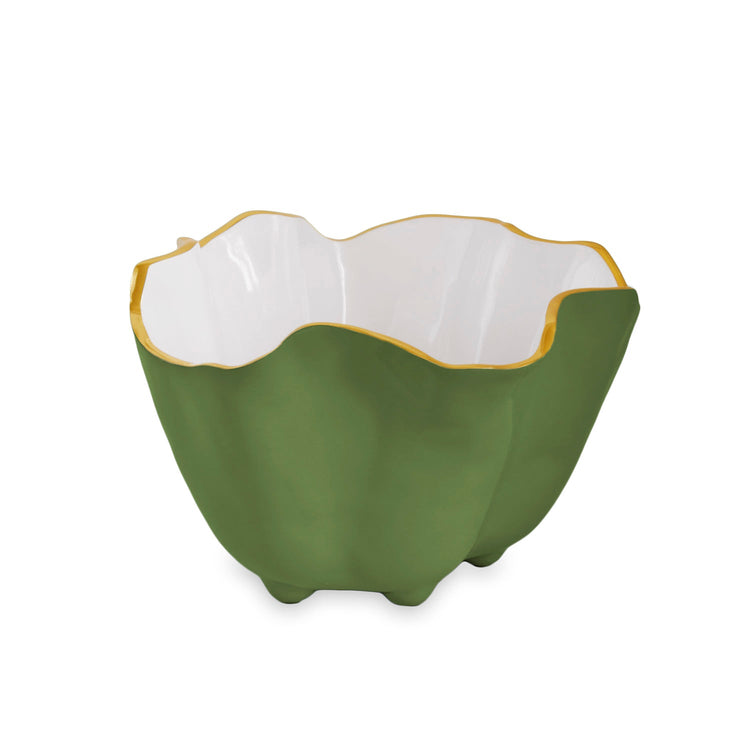 The Encanto Leaf Green & White Serveware Collection by Beatriz Ball features a green ceramic bowl with a wavy edge, white interior, and gold-trimmed rim—bringing timeless elegance to your table.