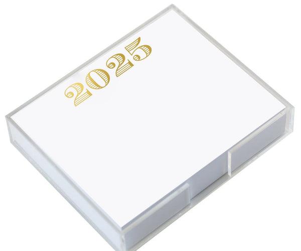 An acrylic holder featuring a stack of large pads crafted from smooth white cardstock, with "2025" exquisitely printed in black ink on the top sheet by Black Ink.