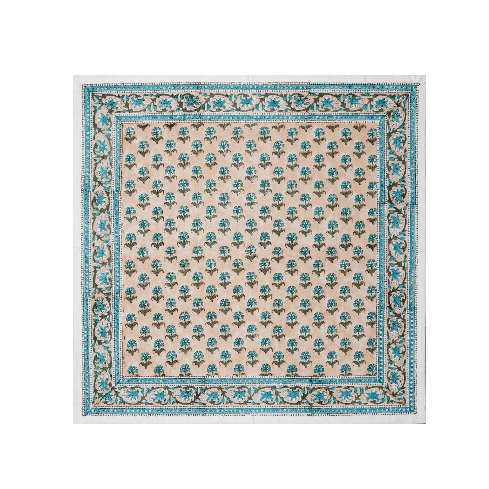 The Alwar Table Linen Collection by SLOANE BY HAND features square beige textiles with blue and green floral motifs and ornate borders—ideal as hand block printed floral tablecloths or decorative table linens.