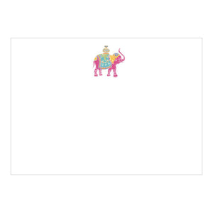 The Caspari Royal Elephant Card Set features a small, colorful decorative elephant with intricate patterns centered on a mostly white background, evoking the elegance of heavyweight stationery.