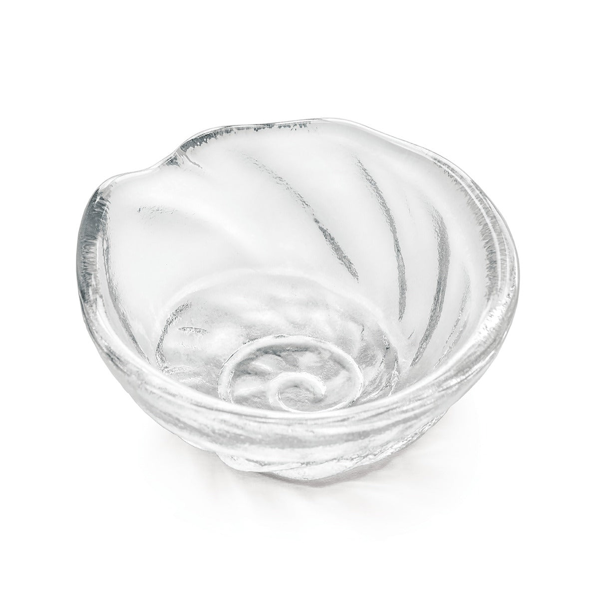 From Simon Pearce’s Shell Serveware Collection, this small glass bowl features a textured, swirled design and smooth rounded rim—ideal for beach-inspired decor or as a summer host gift. Shown on a white background.