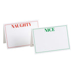 The Caspari Naughty or Nice Reversible Place Card Set includes two crisp cardstock cards—one side reads "NAUGHTY" in red, the other "NICE" in green—perfect for festive table settings.