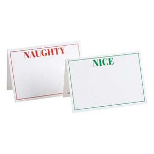 The Caspari Naughty or Nice Reversible Place Card Set includes two crisp cardstock cards—one side reads "NAUGHTY" in red, the other "NICE" in green—perfect for festive table settings.