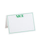 The Caspari Naughty or Nice Reversible Place Card Set includes a white, tent-style card with a green border and "NICE" in bold green at the top, made from quality cardstock. The remaining area is blank for your personalization.