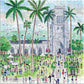 The Michael Storrings Sunday Palm Beach 500 Piece Puzzle by Chronicle Books depicts a lively outdoor scene with people, tents, palm trees, and a grand stone church or cathedral in the background.