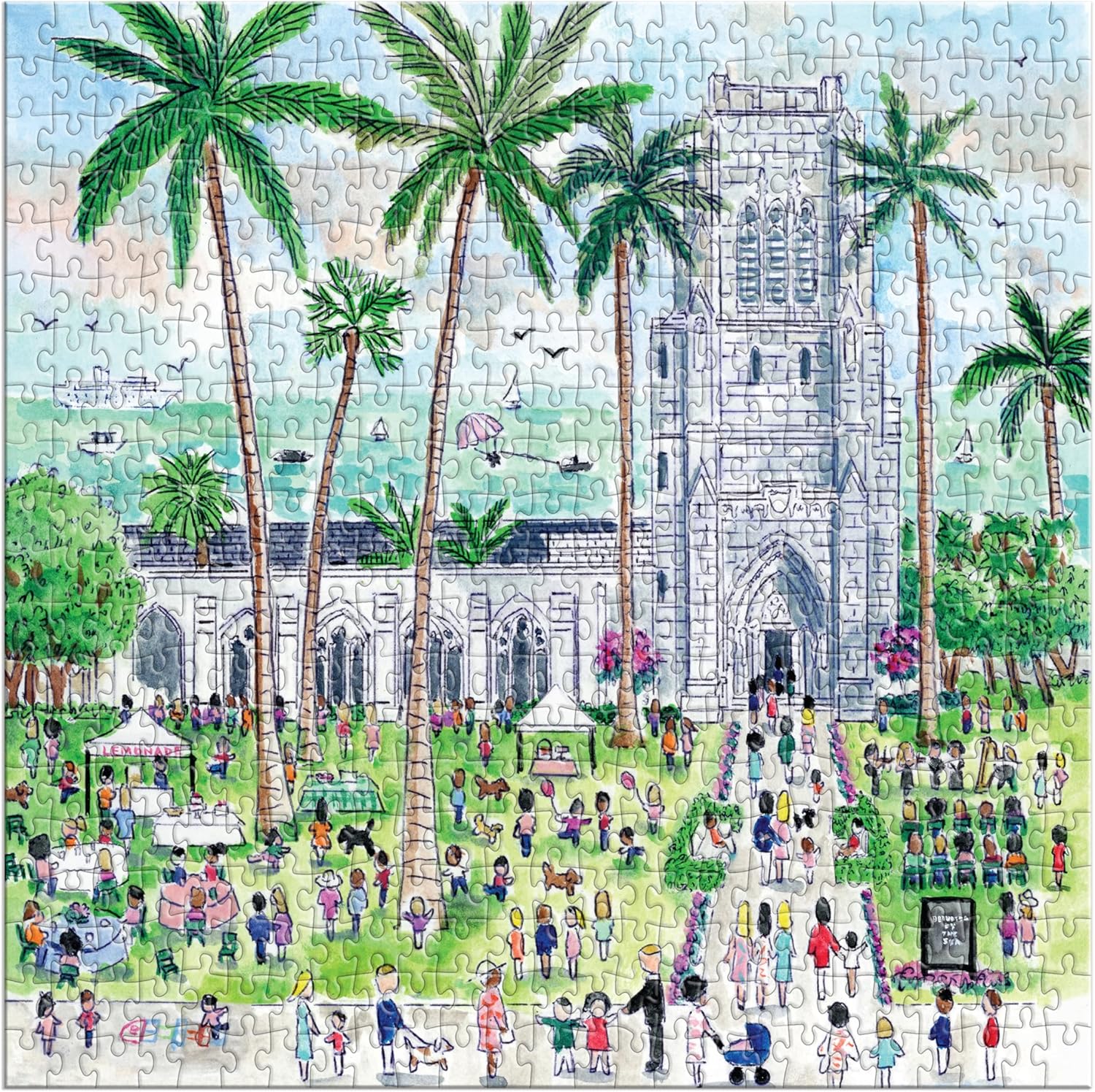 The Michael Storrings Sunday Palm Beach 500 Piece Puzzle by Chronicle Books depicts a lively outdoor scene with people, tents, palm trees, and a grand stone church or cathedral in the background.