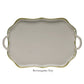 A white porcelain rectangular tray from the Herend Princess Victoria Green Collection, featuring two handles, gold accents, and hand-painted designs, is seen from above with the label "Rectangular Tray" below it.