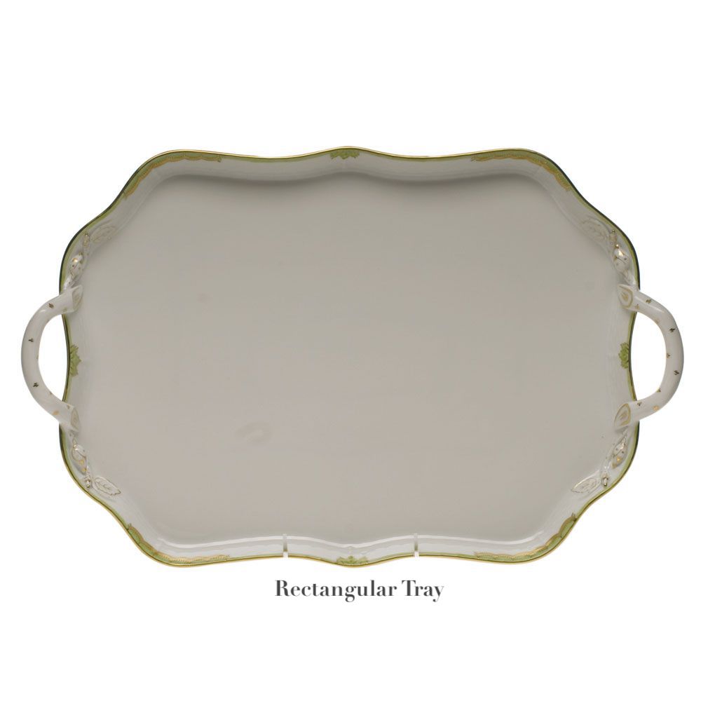 A white porcelain rectangular tray from the Herend Princess Victoria Green Collection, featuring two handles, gold accents, and hand-painted designs, is seen from above with the label "Rectangular Tray" below it.