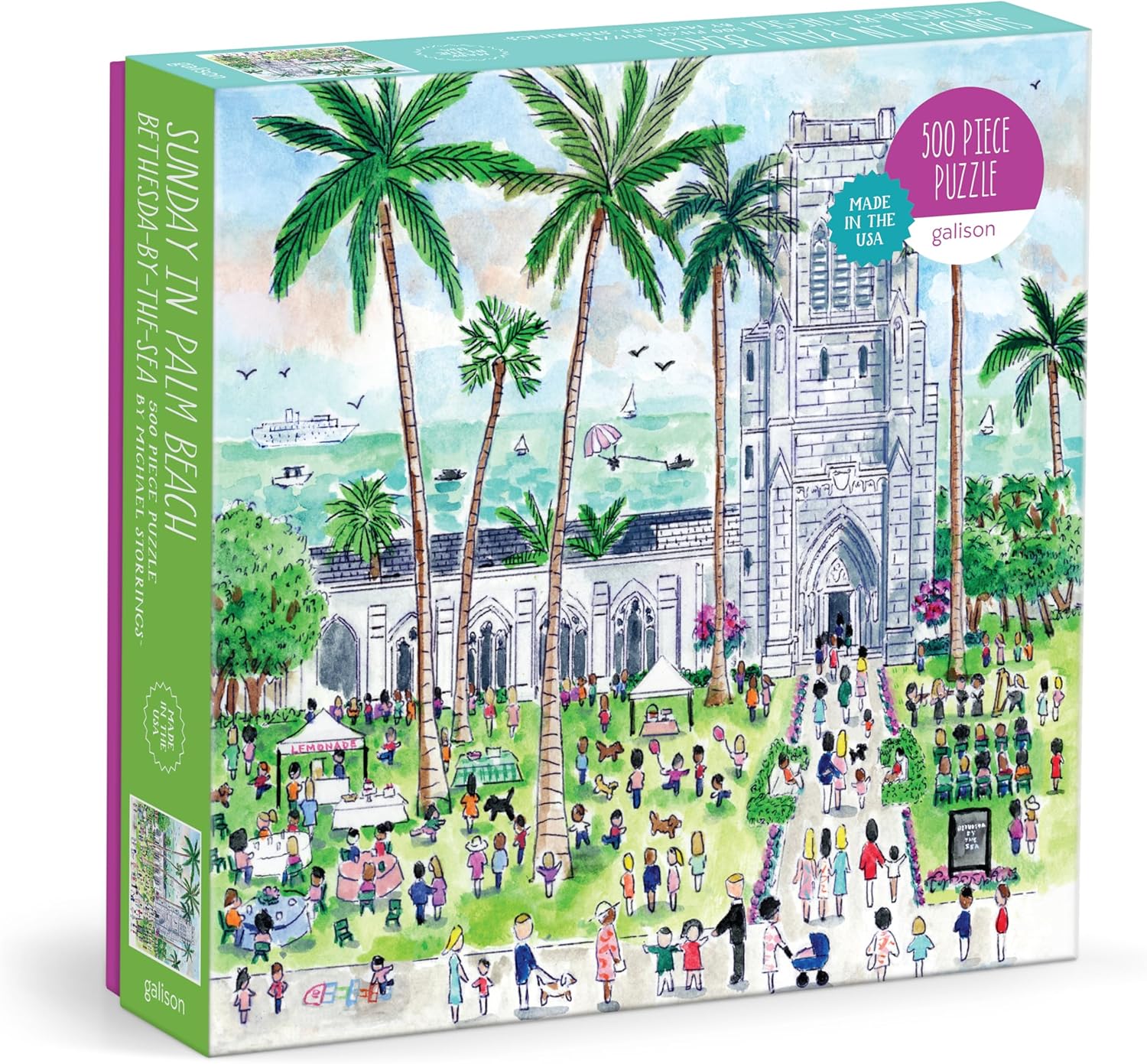 The Michael Storrings Sunday Palm Beach 500 Piece Puzzle by Chronicle Books features an illustrated church scene with palm trees, market stalls, and the ocean—an ideal Easter puzzle for the whole family.
