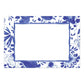 Rectangular white card from Caspari's Delft Blue Collection, bordered with a blue floral and leaf pattern and a solid blue outline—ideal for labeling eco-friendly or biodegradable triple-ply napkins at your next event.