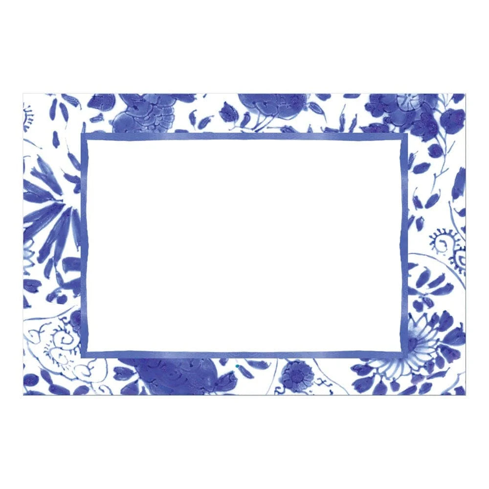 Rectangular white card from Caspari's Delft Blue Collection, bordered with a blue floral and leaf pattern and a solid blue outline—ideal for labeling eco-friendly or biodegradable triple-ply napkins at your next event.