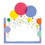 The Caspari Balloons and Confetti Napkin Collection features a blank rectangular card with a blue frame, bordered by colorful balloons, confetti, and streamers—classic party supplies.