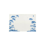 The Juliska Country Estate Place Card Set features white rectangular ceramic tiles adorned with blue landscape artwork depicting trees, birds, a hot air balloon, and a small house. The scenic illustrations frame the left and right edges, leaving the center blank—ideal for adding handwritten names to personalize your table setting. Available as a set of 12.