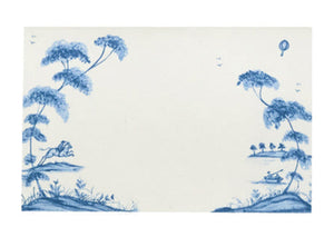Juliska’s Country Estate Place Cards feature a blue-and-white Delft Blue illustration of trees, a horse, a person boating on a lake, flying birds, and open center space—perfect for place settings and inspired by timeless country motifs.