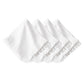 The Juliska Mademoiselle Napkin Set features four white napkins with knife-pleat ruffle borders, arranged in an overlapping row—ideal for adding a romantic touch to your table.