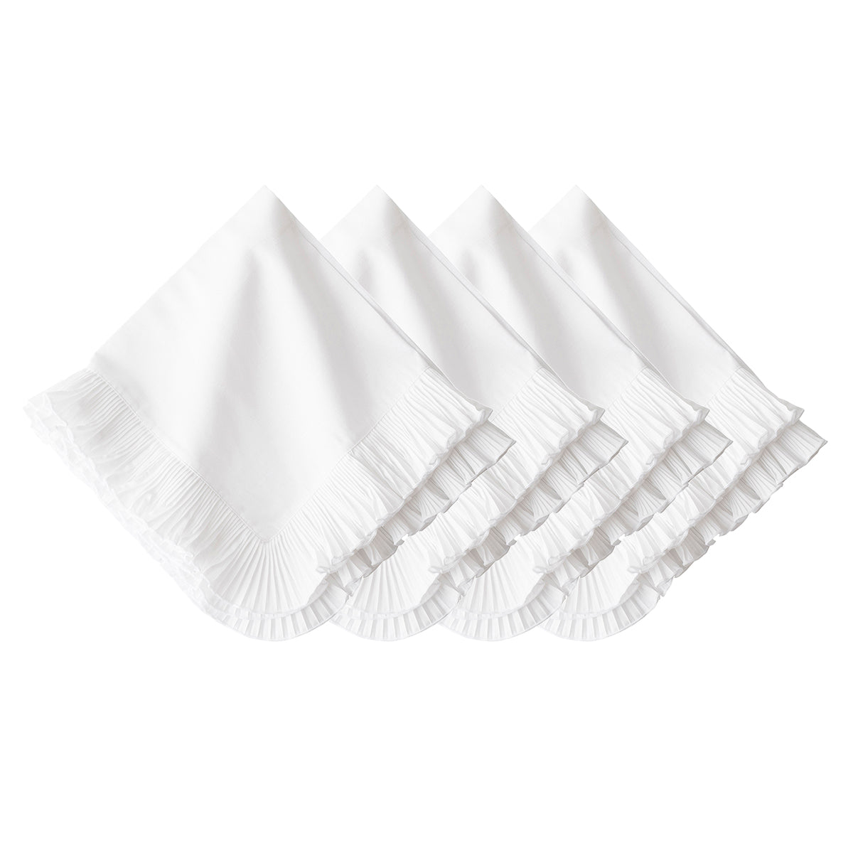 The Juliska Mademoiselle Napkin Set features four white napkins with knife-pleat ruffle borders, arranged in an overlapping row—ideal for adding a romantic touch to your table.