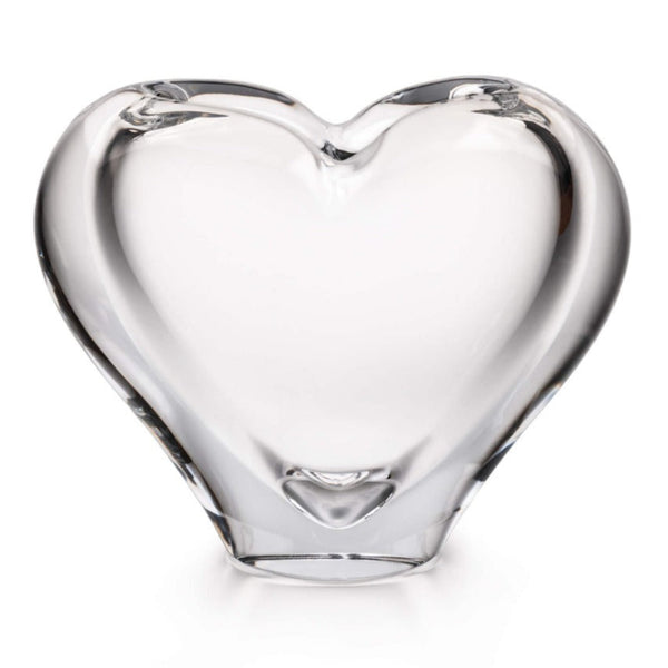 The Simon Pearce Romance Vase, Large, features a clear heart-shaped glass design on a white background, highlighting its exquisite hand-sculpted craftsmanship.