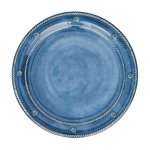A round blue plate from the Juliska Berry & Thread Melamine Collection, featuring a rope-like border and evenly spaced decorative accents along the edge.