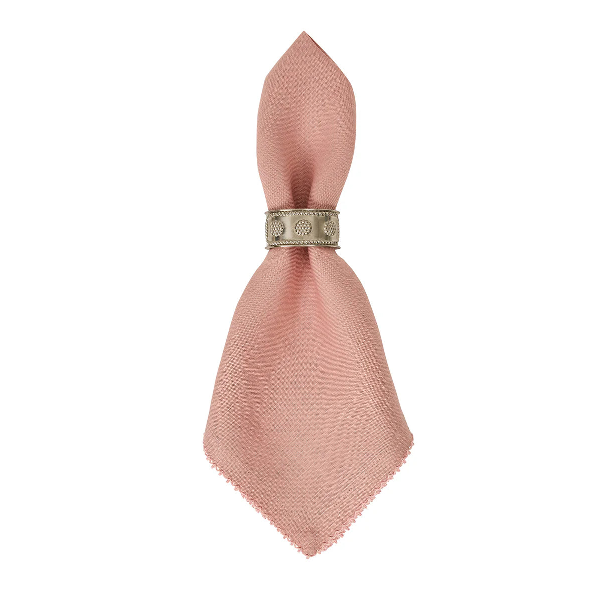 The Berry Scallop Napkin Set by Juliska features pink woven linen napkins held by a decorative silver napkin ring with embossed detailing.
