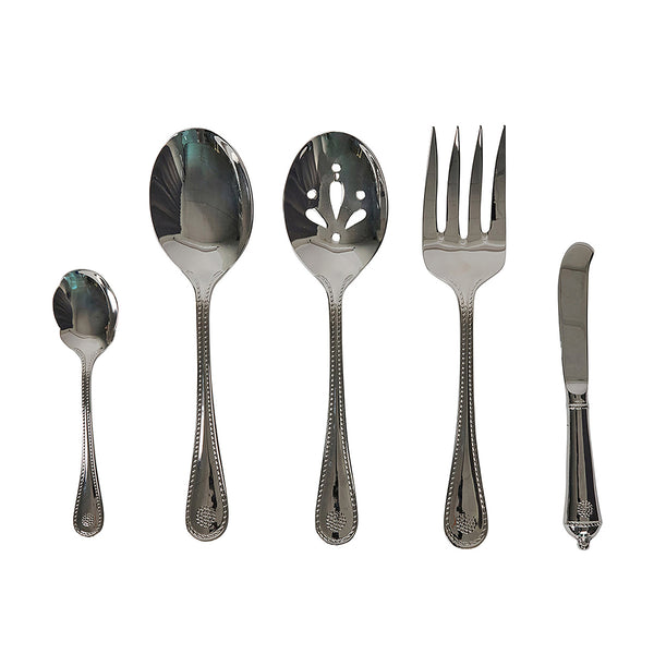 The Juliska Berry & Thread Polished Hostess Serving Set includes a teaspoon, serving spoon, slotted serving spoon, serving fork, and butter knife—perfect as a hostess gift. Shown neatly arranged on a white background.