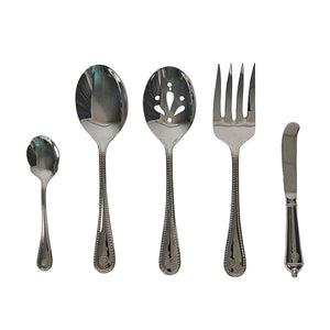 The Juliska Berry & Thread Polished Hostess Serving Set includes a teaspoon, serving spoon, slotted serving spoon, serving fork, and butter knife—perfect as a hostess gift. Shown neatly arranged on a white background.