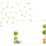 The Caspari Potted Topiaries Card Set includes two heavyweight stationery cards with potted topiary trees and purple flowers on the front, and a scattered green clover pattern on the back—perfect blank cards for any occasion.