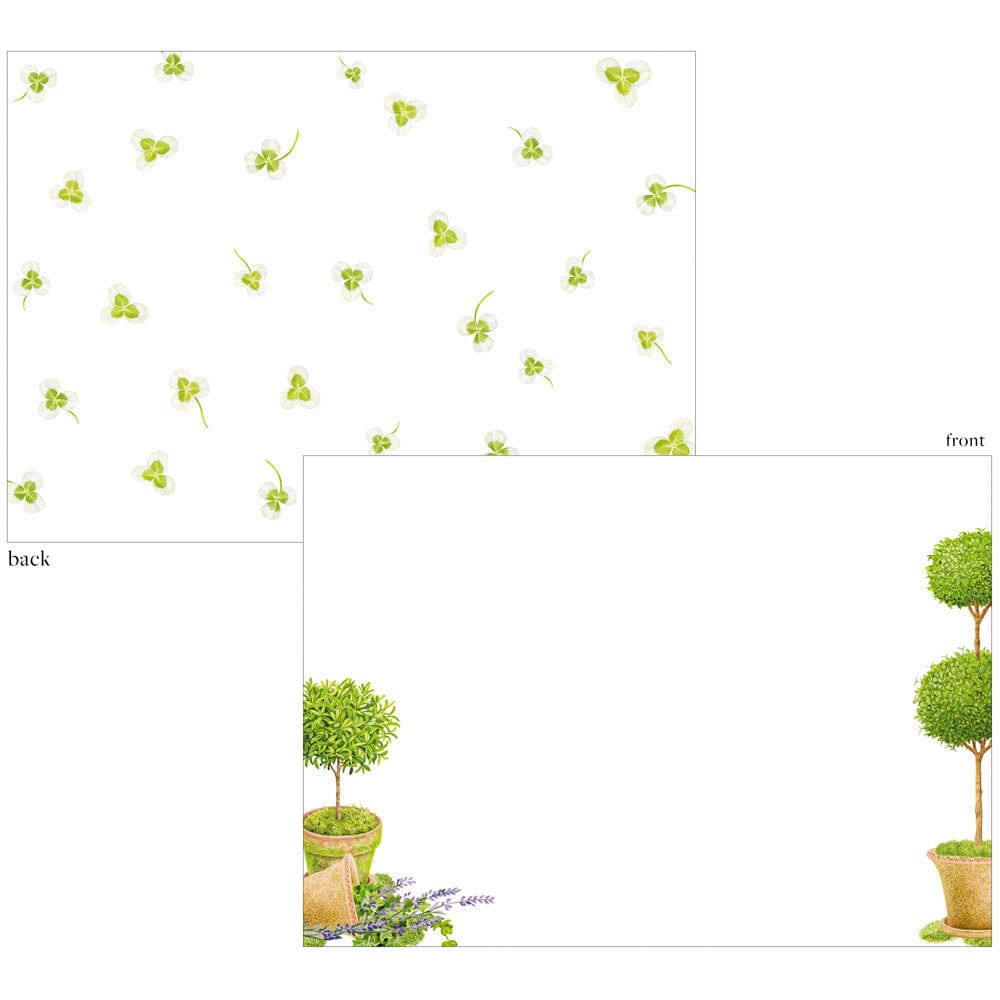 The Caspari Potted Topiaries Card Set includes two heavyweight stationery cards with potted topiary trees and purple flowers on the front, and a scattered green clover pattern on the back—perfect blank cards for any occasion.