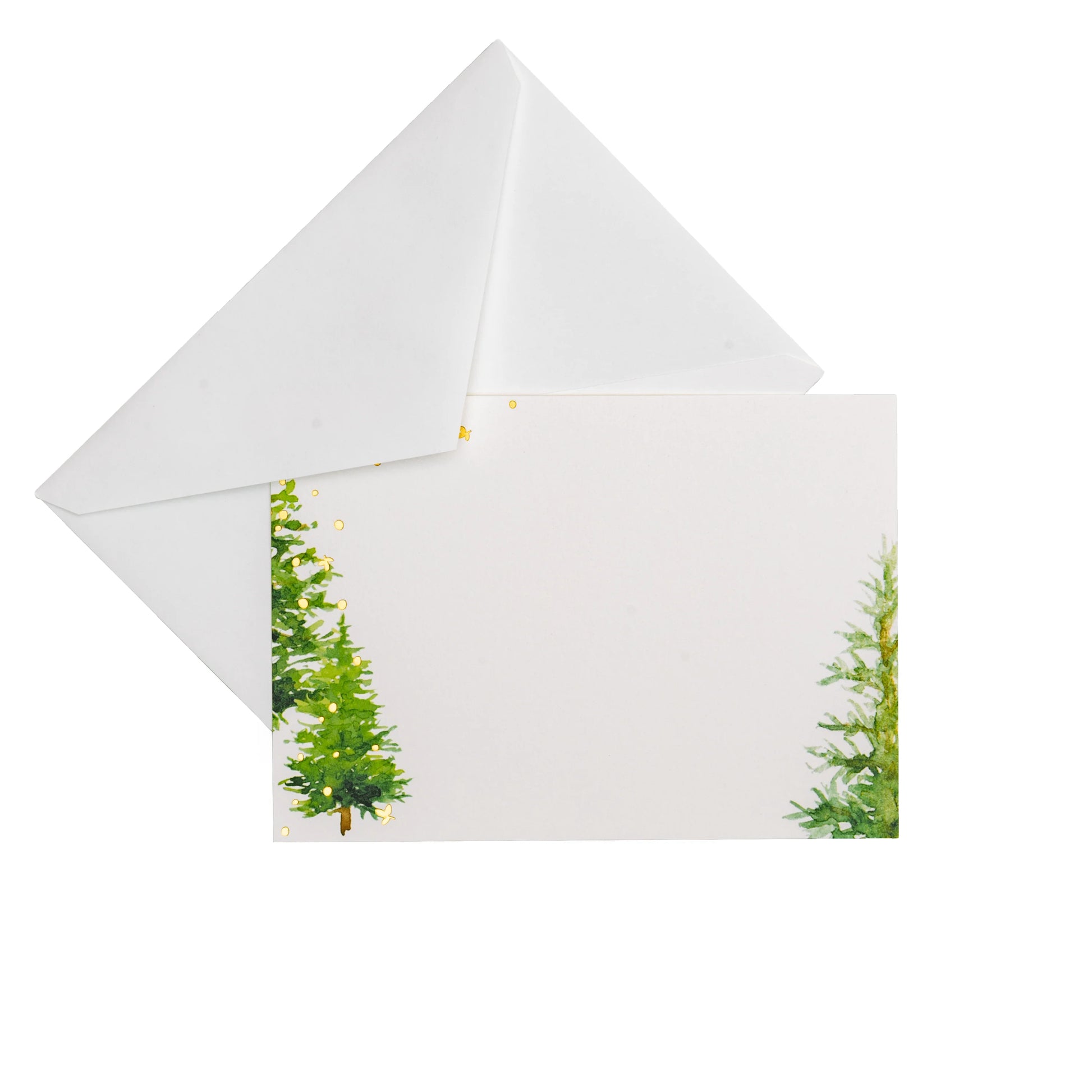 The Caspari White Christmas Foil Correspondence Cards feature green trees in the corners and come with a white envelope, adding elegance to your party supplies. Set against a white background, they're perfect for any occasion.