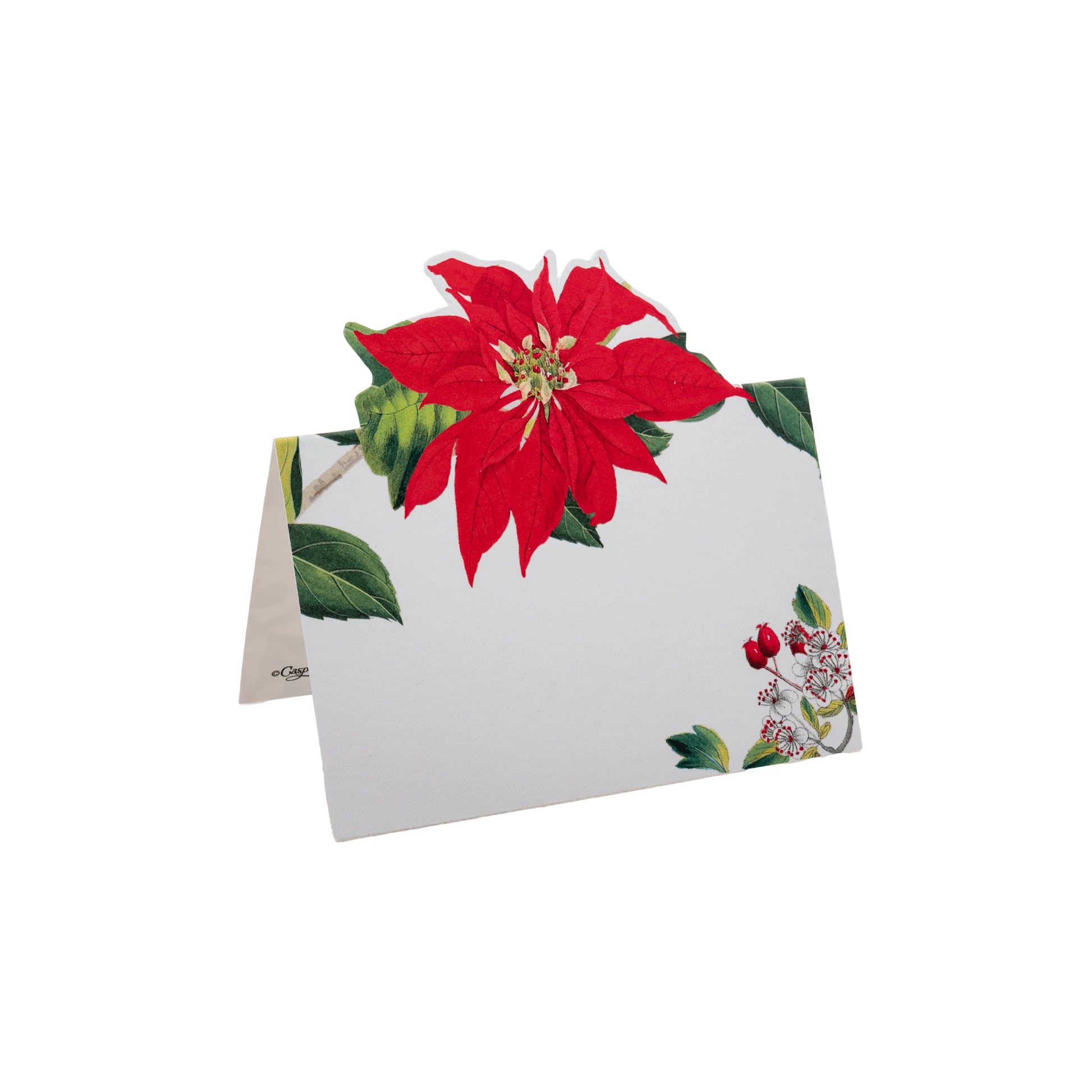 A folded place card from Caspari’s Christmas Chinoiserie White Collection, featuring a large red poinsettia and green leaves—ideal for coordinating with disposable tableware or party plates at festive gatherings.