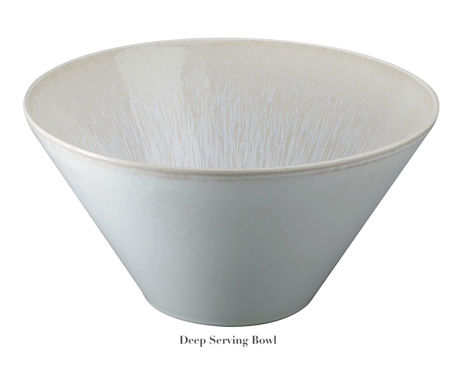The Vuelta White Pearl Collection deep serving bowl by Jars features a white ceramic design with wide opening, narrow base, and smooth perle glaze. Dishwasher safe for easy cleaning. Displayed on a plain background with the label "Deep Serving Bowl.