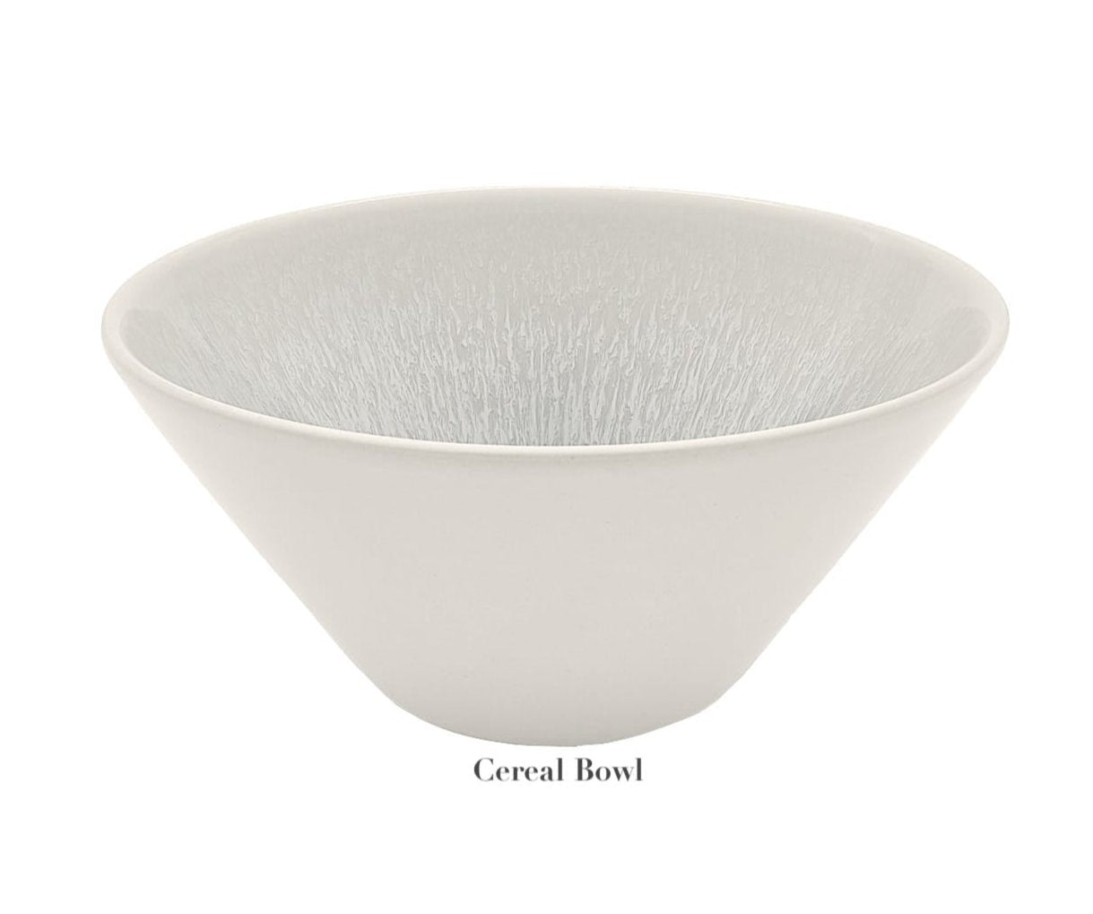 A plain white ceramic cereal bowl from the Jars Vuelta White Pearl Collection with a slightly flared rim and pearl glaze, isolated on a white background. The text "Cereal Bowl" appears below the bowl.