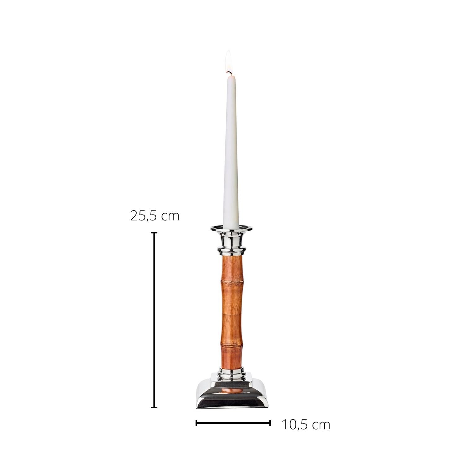 The ezrad Bamboo and Stainless Steel Decor Collection features a tall candle holder with a 25.5 cm height and a 10.5 cm square base, blending modern elegance with natural bamboo and stainless steel elements.