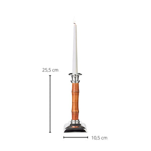 The ezrad Bamboo and Stainless Steel Decor Collection features a tall candle holder with a 25.5 cm height and a 10.5 cm square base, blending modern elegance with natural bamboo and stainless steel elements.