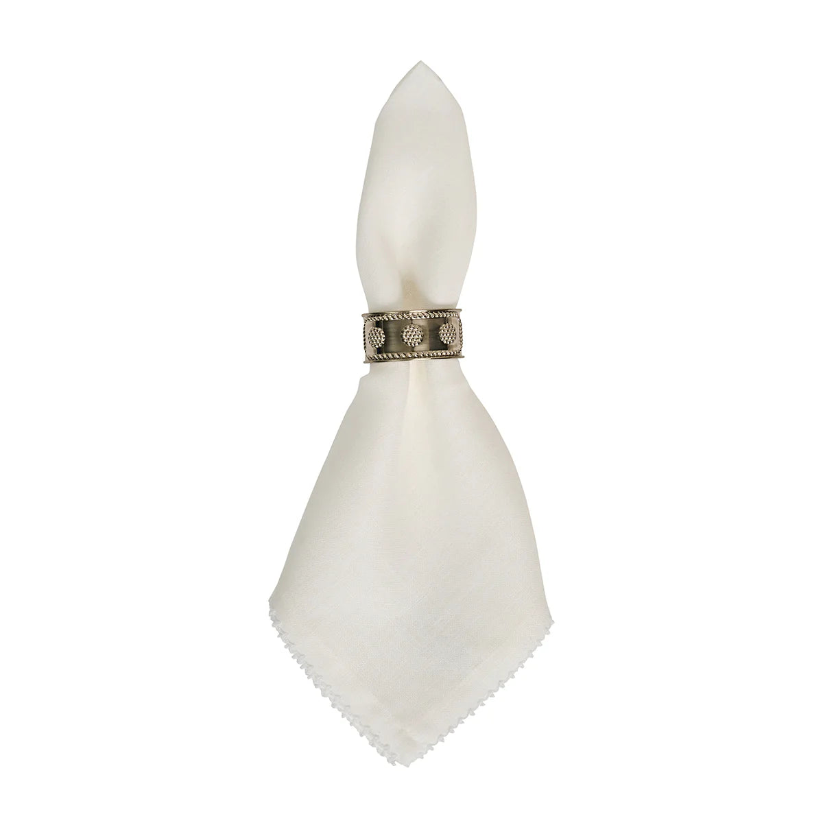 The Berry Scallop Napkin Set by Juliska features white woven linen napkins, each secured with a decorative metal ring, displayed against a plain white background.