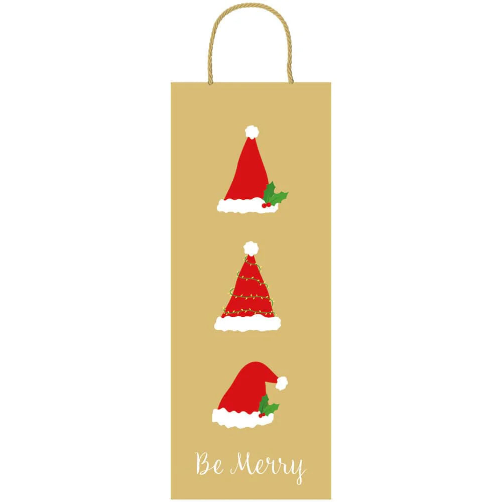 The Caspari Be Merry Collection gift bag features three red Santa hats and "Be Merry" at the bottom—an ideal festive addition to your holiday gift supplies.