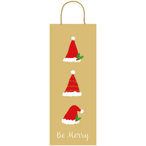 The Caspari Be Merry Collection gift bag features three red Santa hats and "Be Merry" at the bottom—an ideal festive addition to your holiday gift supplies.