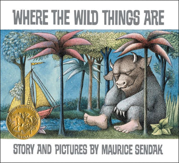 Book cover of "Where The Wild Things Are 50th Anniversary Edition" by Maurice Sendak, featuring a sad wild creature sitting under tropical trees with a boat in the background, published by Harper Collins.