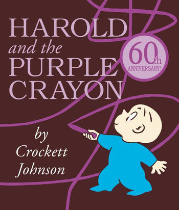 Book cover for the "Harold and the Purple Crayon Board Book" by Harper Collins, an imagination-sparking picture book, showing a cartoon child drawing with a purple crayon, with text celebrating the 60th anniversary.