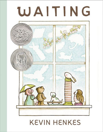 Illustration of a picture book cover titled "Waiting" by Harper Collins, featuring toys including a rabbit, bear, and others looking out a window with coins above.