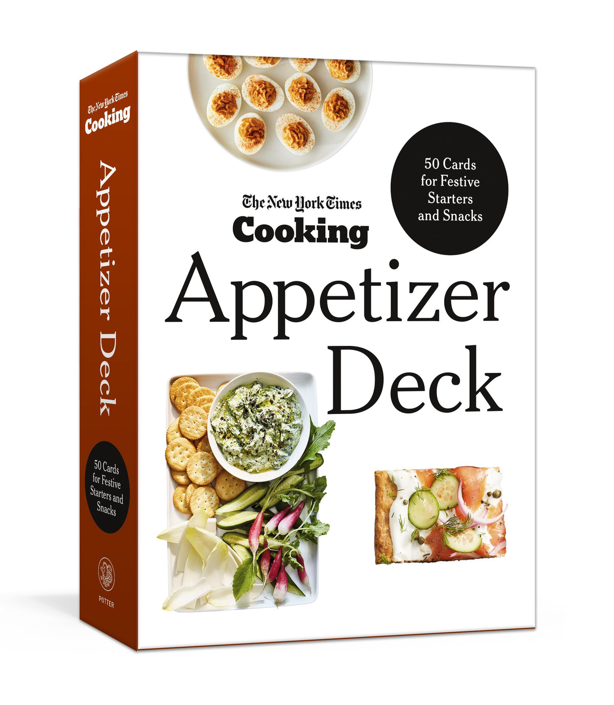 Box labeled “The New York Times Cooking Appetizer Deck” by Penguin Random House, featuring photos of snacks and containing 50 appetizer recipe cards from NYT Cooking—perfect for festive starters and party appetizers.